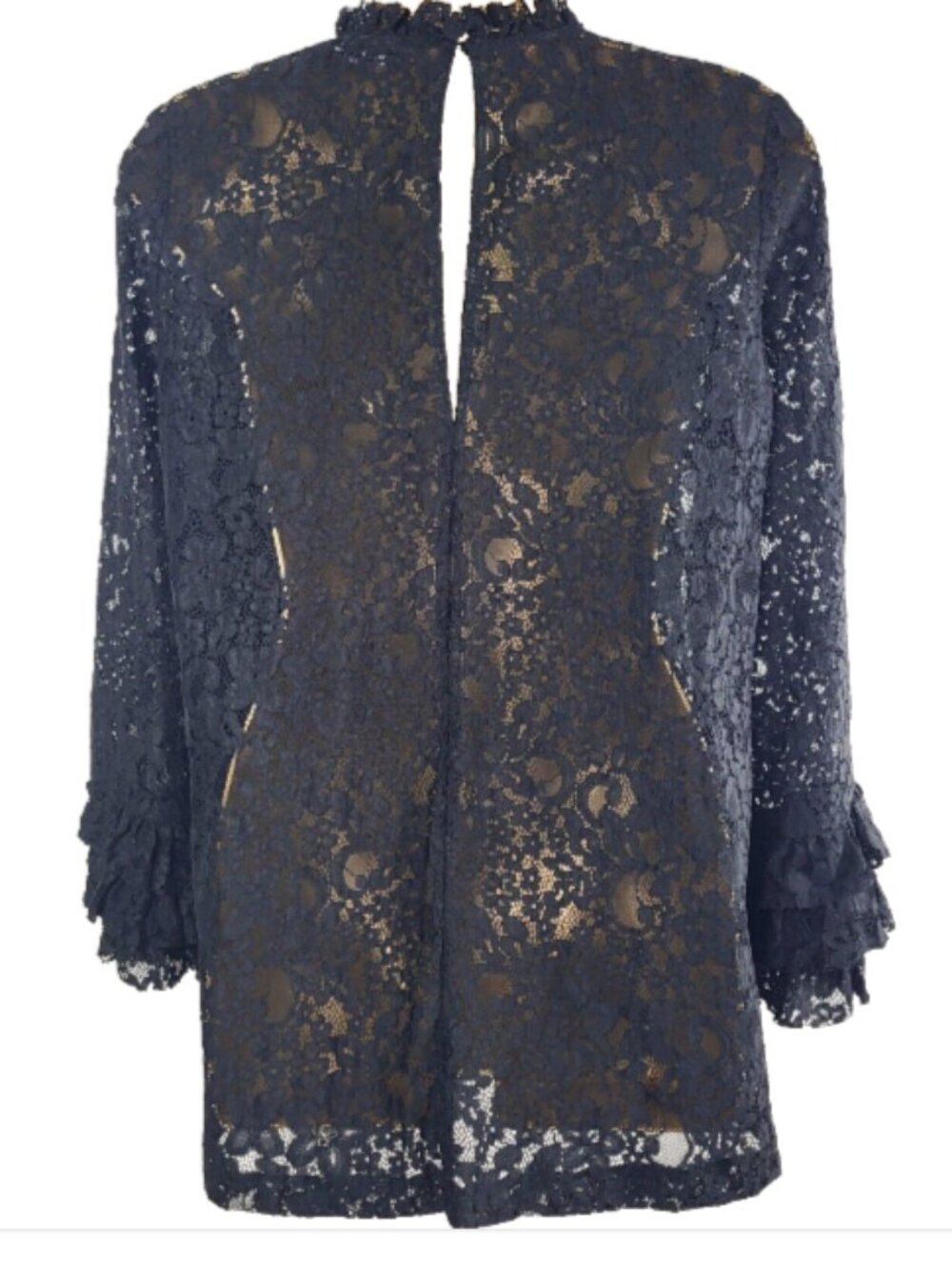 ZARA X-Small Sheer Black Lace Blouse Pullover Bell Sleeves 3 Tiered Lace Cuff - Picture 5 of 14